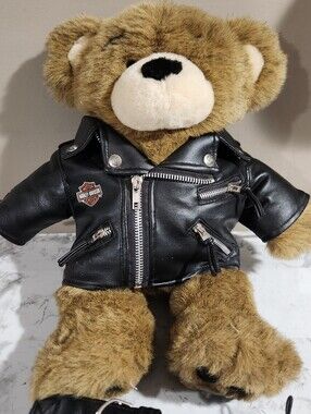 Build-A-Bear Harley-Davidson Teddy Bear 16" black faux leather biker jacket